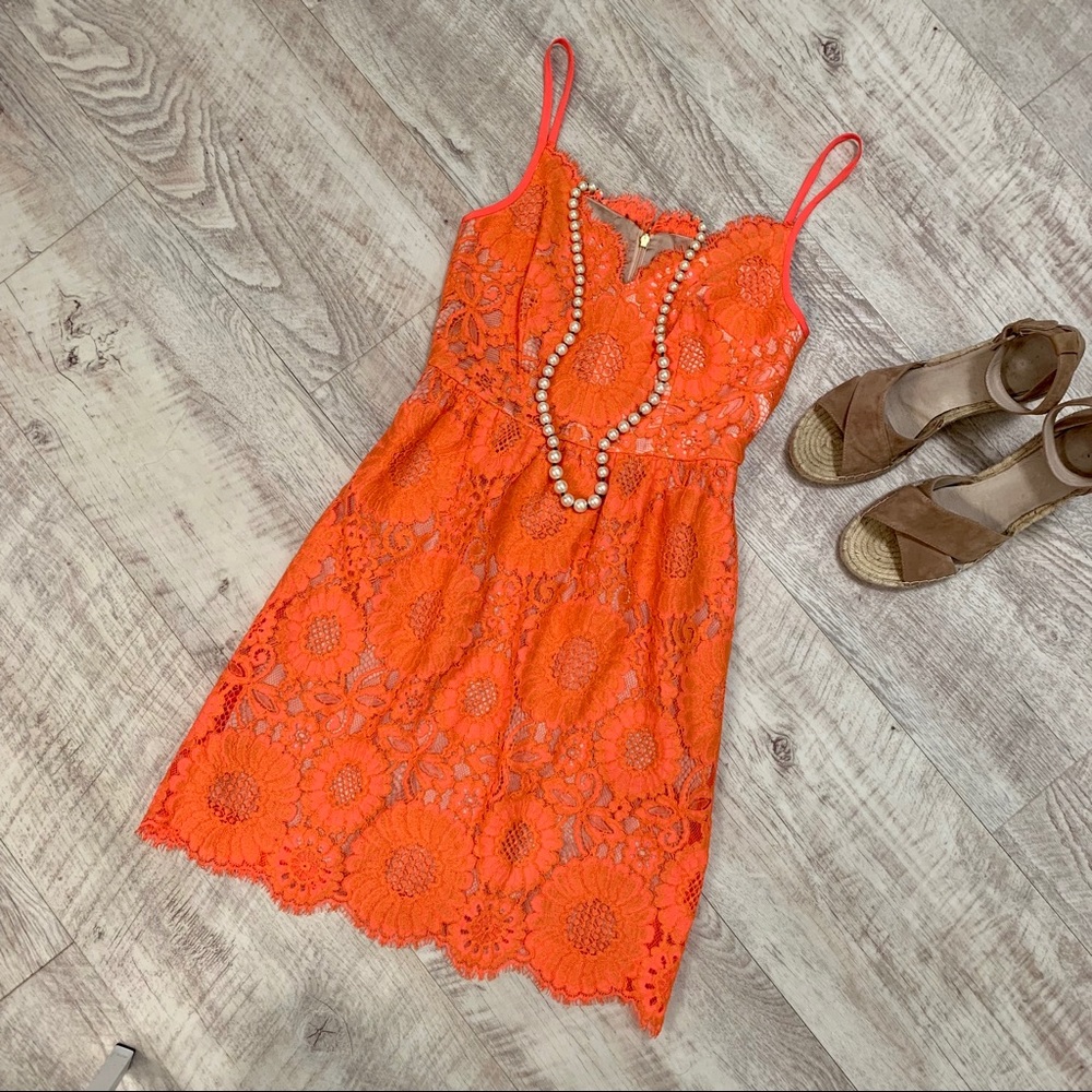 Trina Turk Orange Lace Overlay Alcott A-Line Dress